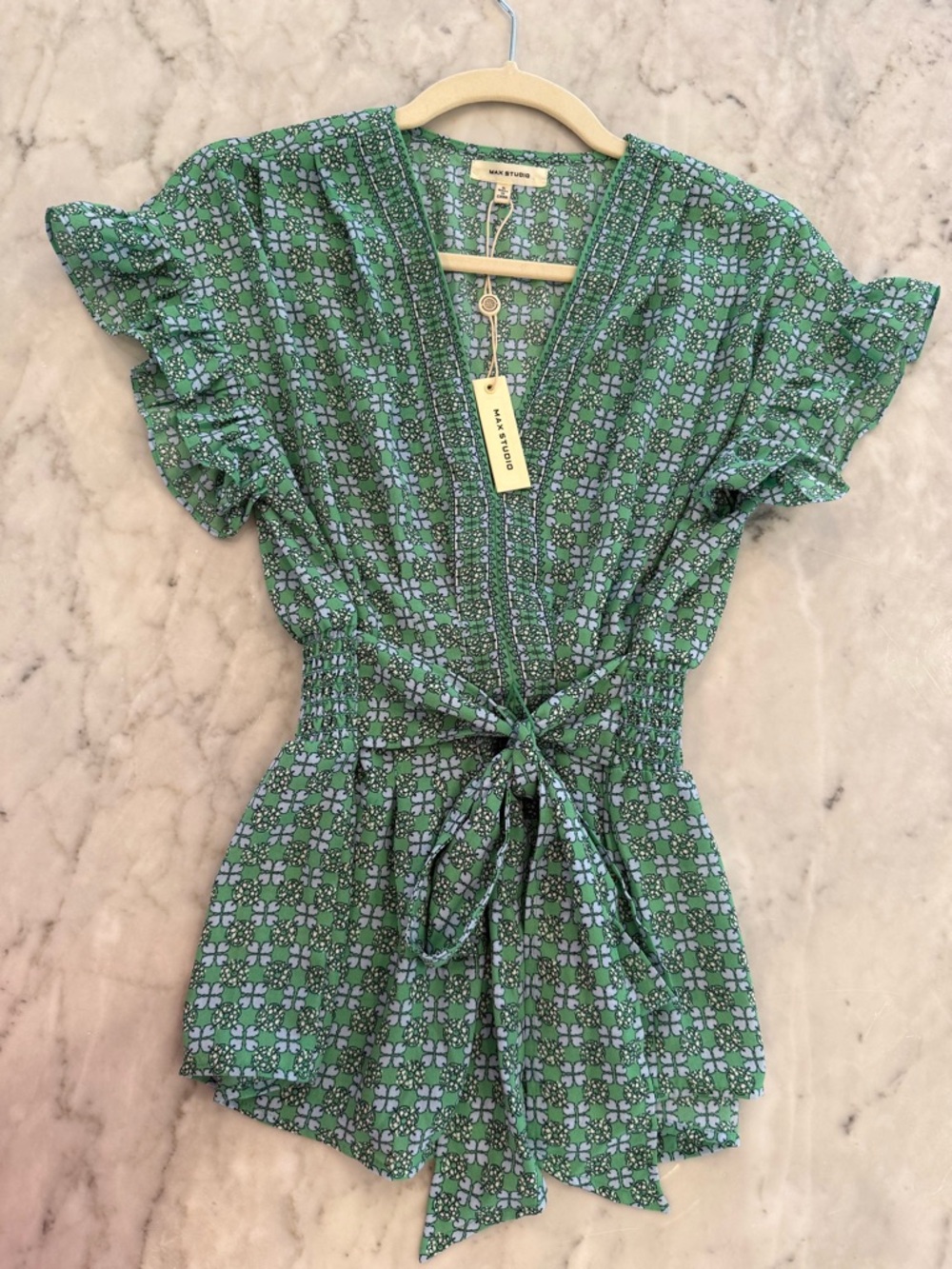 Max Studio Green Floral Tie-Front V-Neck Tunic